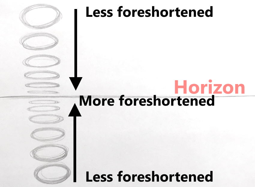 Ellipses are more foreshortened closer to the horizon