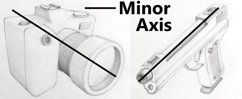 Sketches of a camera and gun in perspective