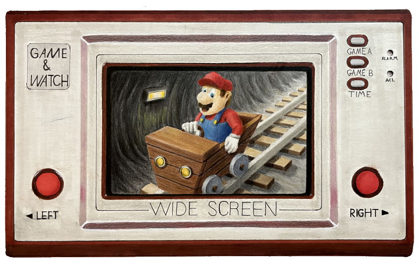 Fan art drawing of Mario and Game & Watch handheld electoric game