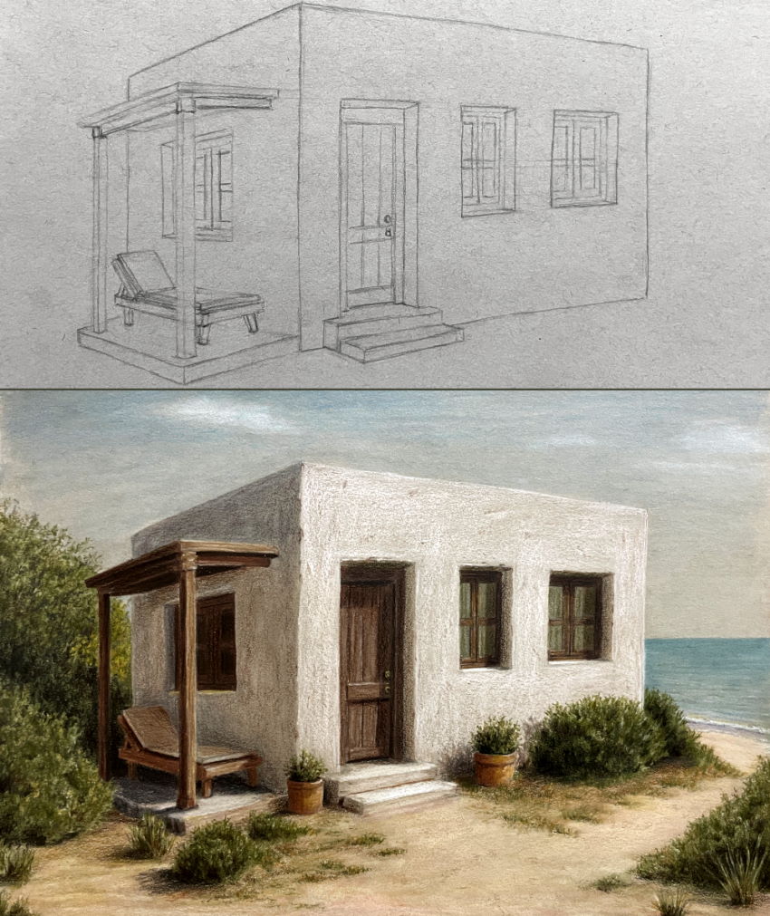 Realistic drawing of a one room house on the beach