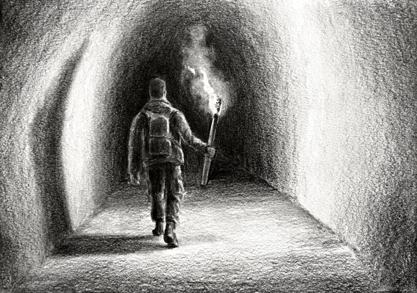 Pencil drawing of a man walking with a torch in a tunnel