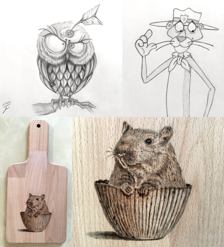 Drawings from observation and pyrography by Yifat J