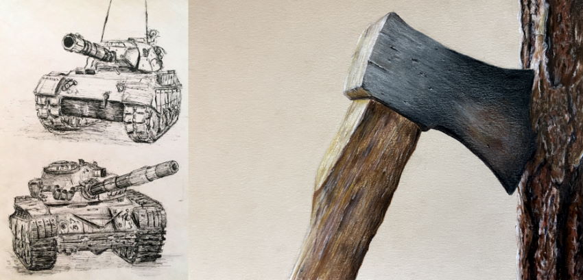 Drawings of an axe and tank by student Naomi