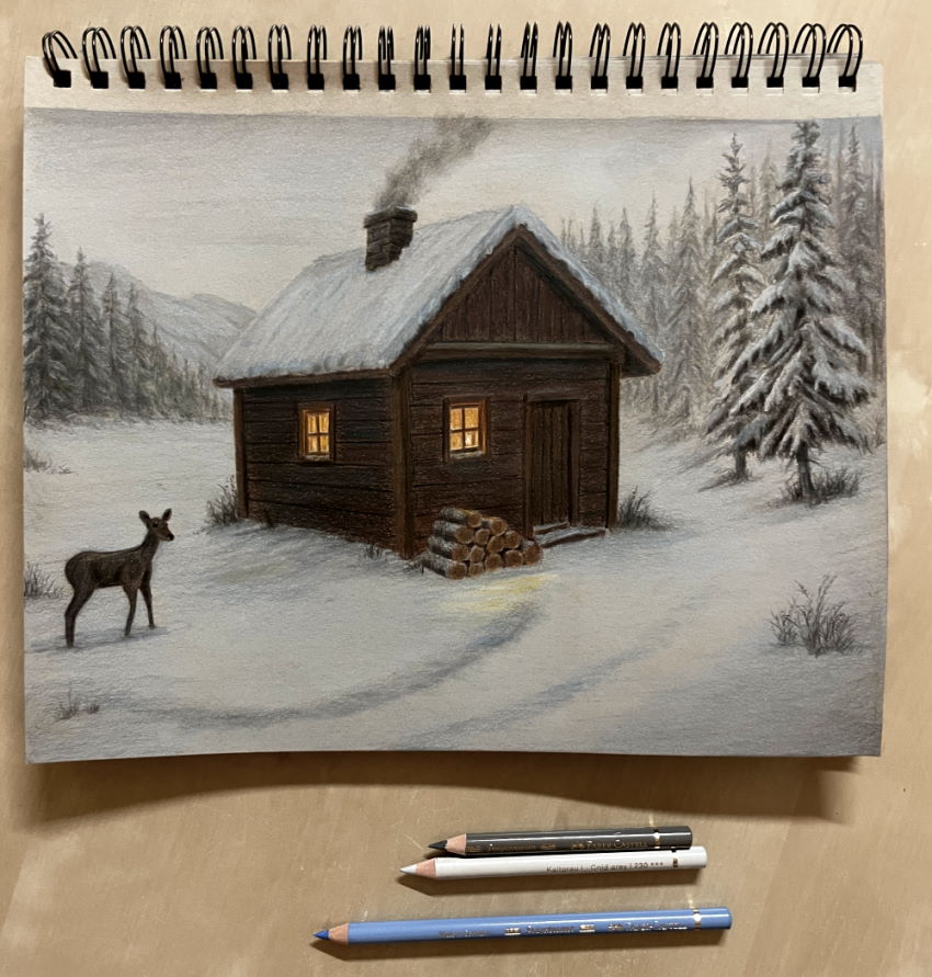 Colored pencils drawing of a cabin in the snow, with pine trees and a deer