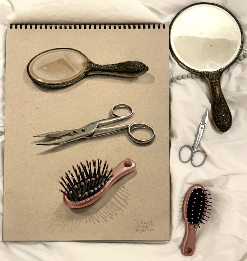 Realistic drawing of a mirror, scissors, and a hairbrush