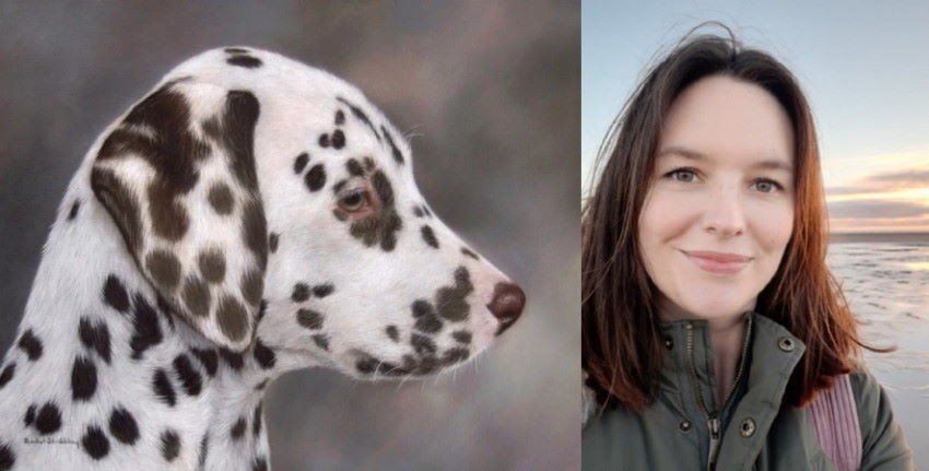 Rachel Stribbling and her dog portrait drawing