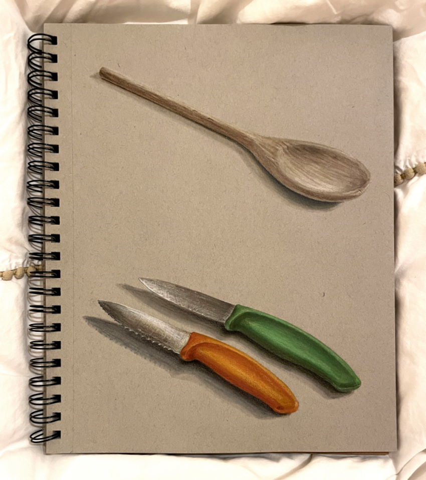 Realistic marker and colored pencils drawing of a wooden spoon and two kitchen knives