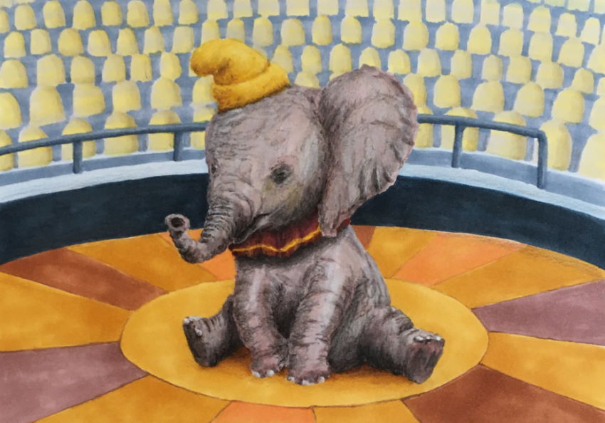 Dumbo the elephant mixed media marker drawing