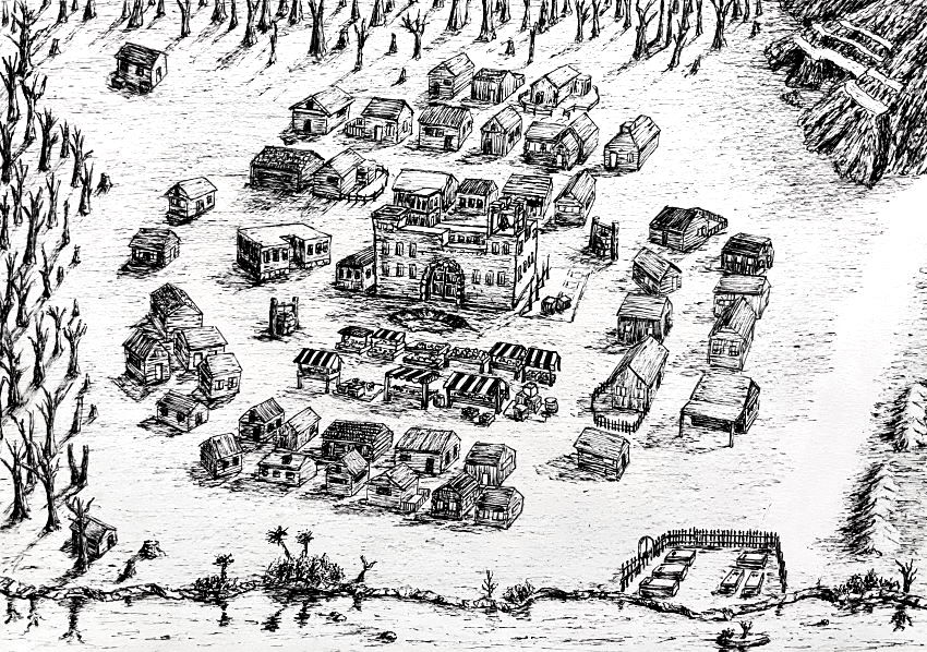 Pen drawing of a town for a fantasy book