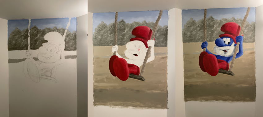 Papa Smurf wall drawing with acrylic colors