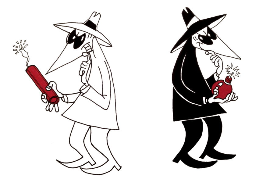 A pen and marker drawing of Spy vs. Spy from Mad magazine
