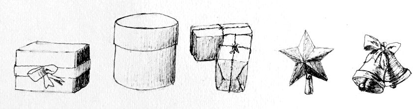 Pen drawing of boxes and other decorations for tree