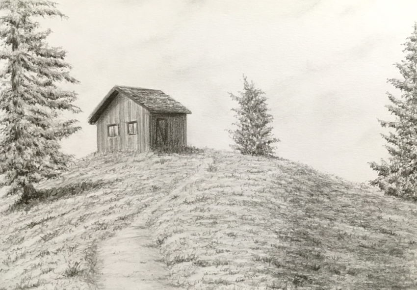 Landscape with a hut, road, and trees, pencil drawing