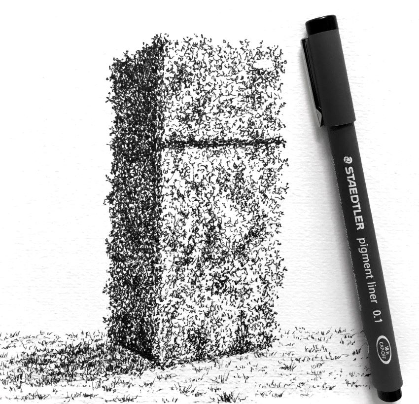 Pen drawing of a refrigerator with leaf texture