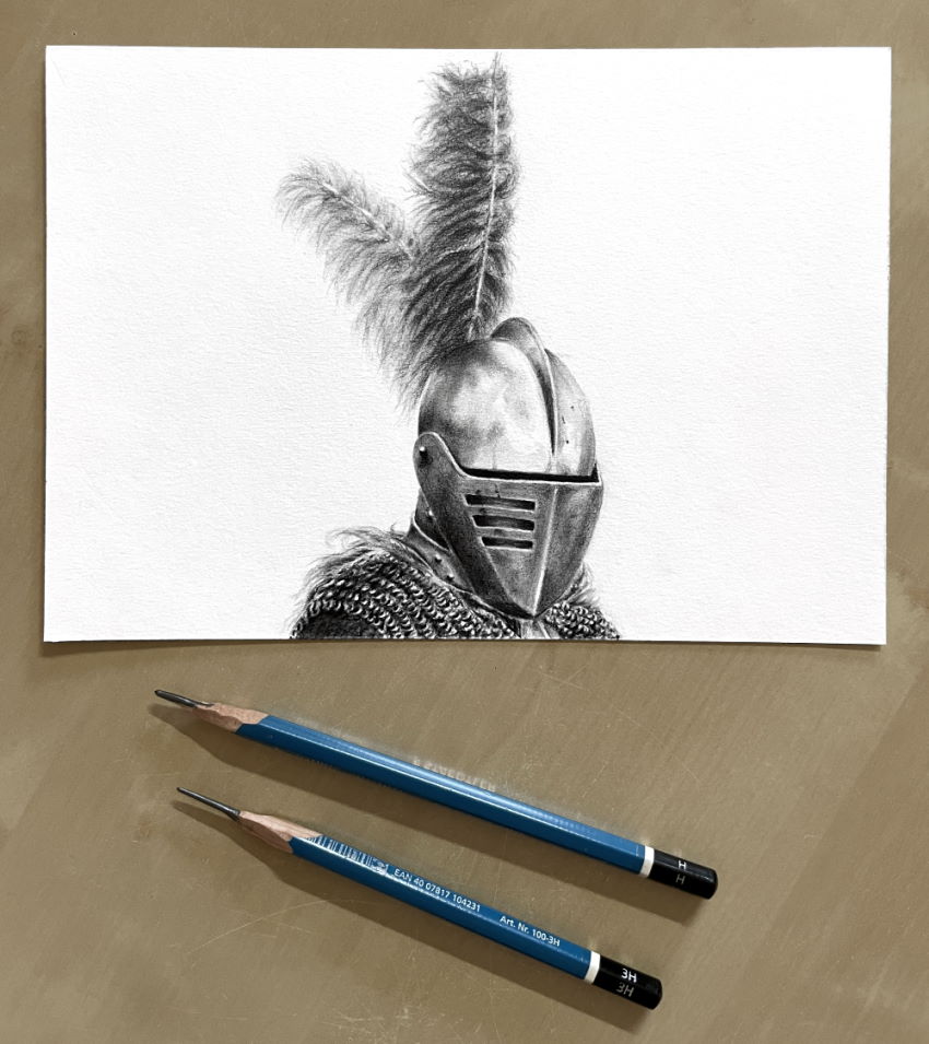 Realistic drawing of a knight helmet with feathers