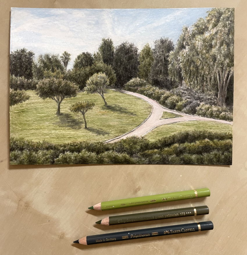 Realistic landscape drawing with colored pencils