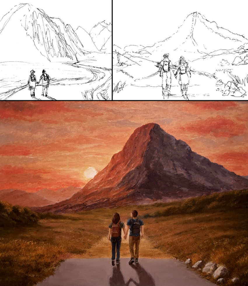 Oil painting of a mountain in sunset and two figures in the road