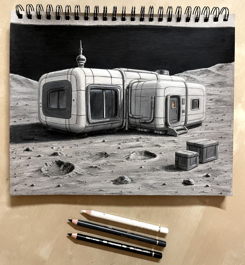 Colored pencil drawing of a house on the moon