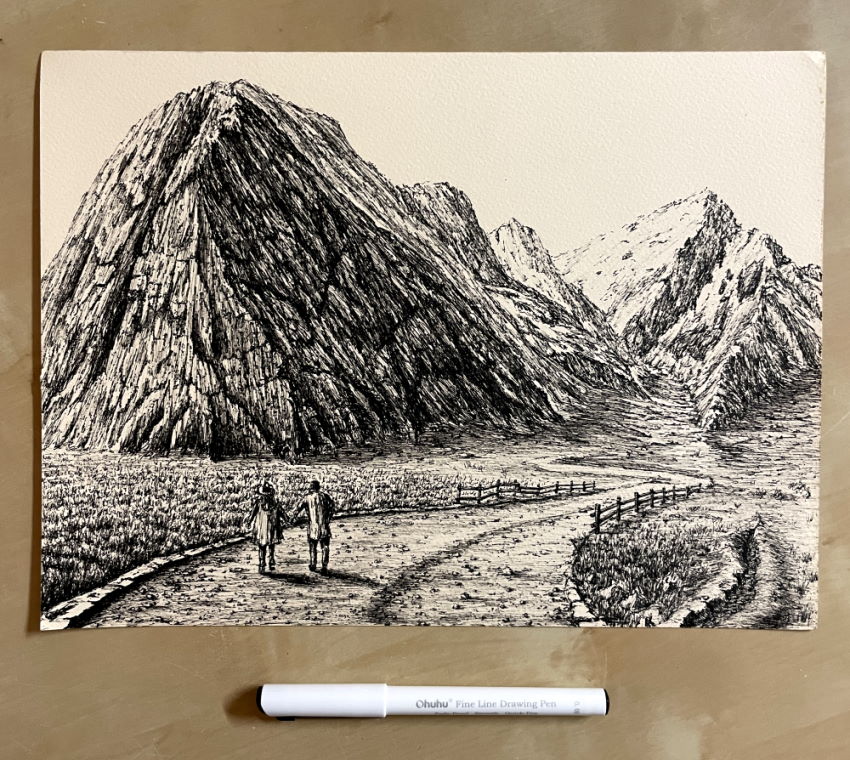 Two people walking in a road toward a mountain, pen drawing